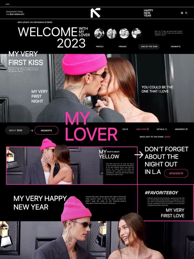 Couple kissing, celebrating the new year 2023 in an online blog layout with bold text and vibrant design elements.