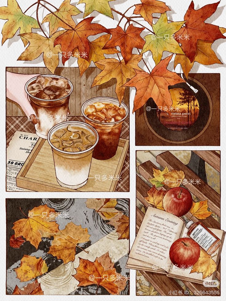 Autumn collage with iced coffee, colorful leaves, vinyl record, apples, and an open book on a wooden bench.
