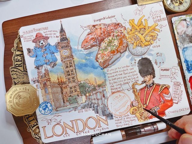 Illustrated London scene with Big Ben, Paddington Bear, a guard, and food like lobster and chips on a sketchbook.