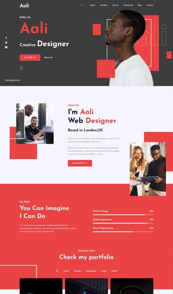 Creative web designer portfolio homepage with Aali's profile, skills, and portfolio highlights.