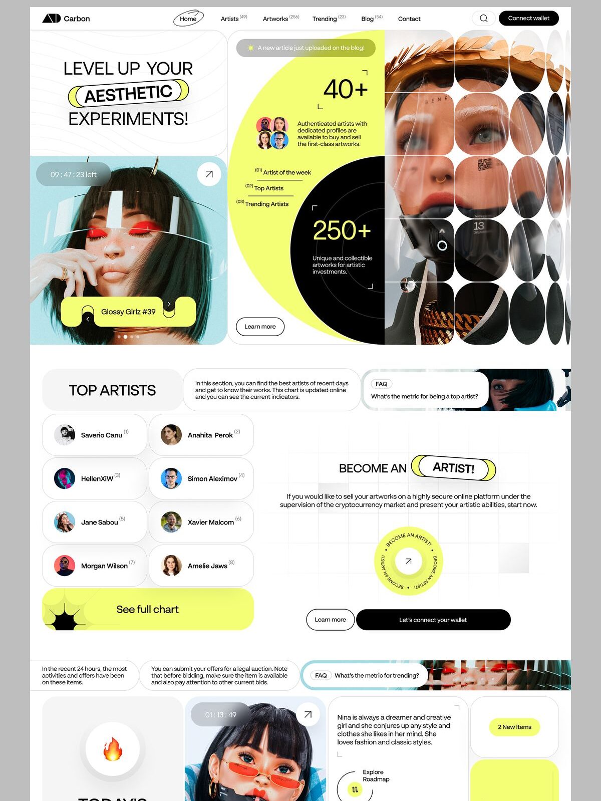 Art website homepage with top artists, trending artworks, and options to explore and connect.