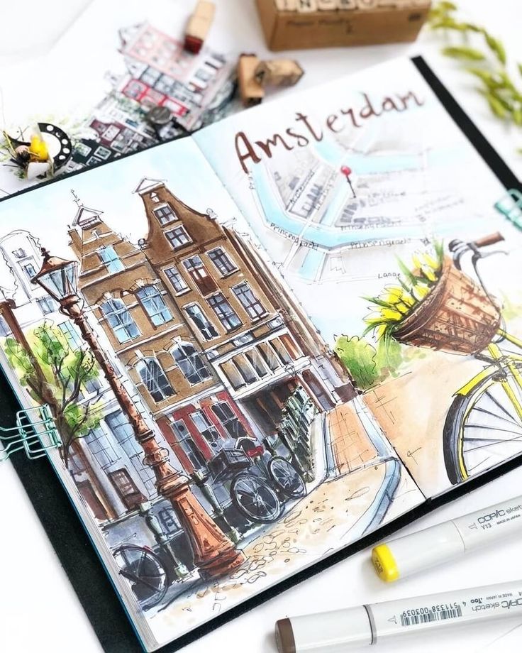 Sketchbook illustration of an Amsterdam street scene with a canal, bicycles, and historic architecture.