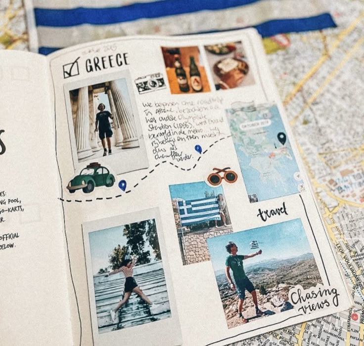 Greece travel scrapbook featuring photos, notes, maps, and souvenirs, showcasing cultural exploration and scenic views.