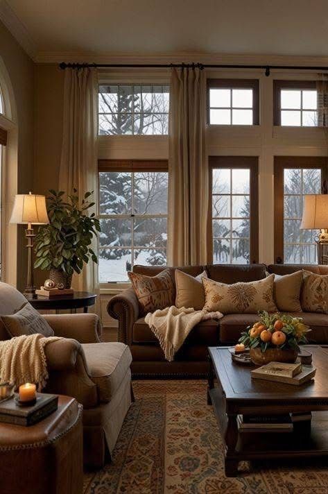 Cozy living room with sofas, a coffee table, and large windows showcasing a snowy landscape and warm lighting.