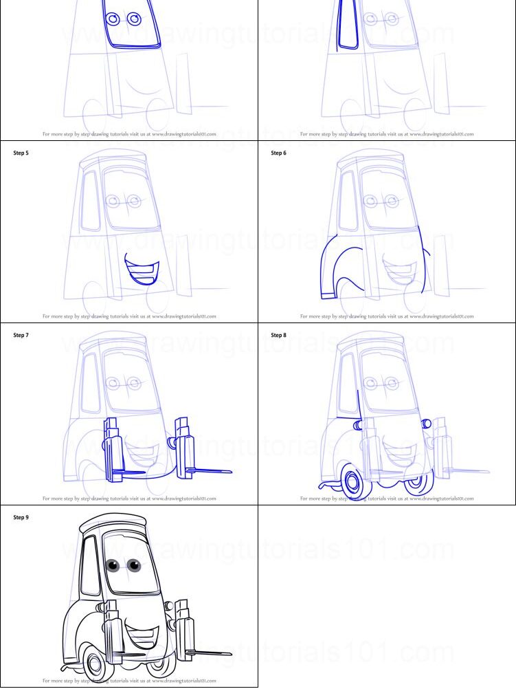 Step-by-step guide to drawing a cartoon forklift character for beginners.