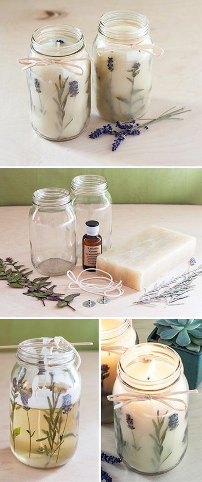 DIY lavender candle making in mason jars with natural ingredients and fresh herbs.