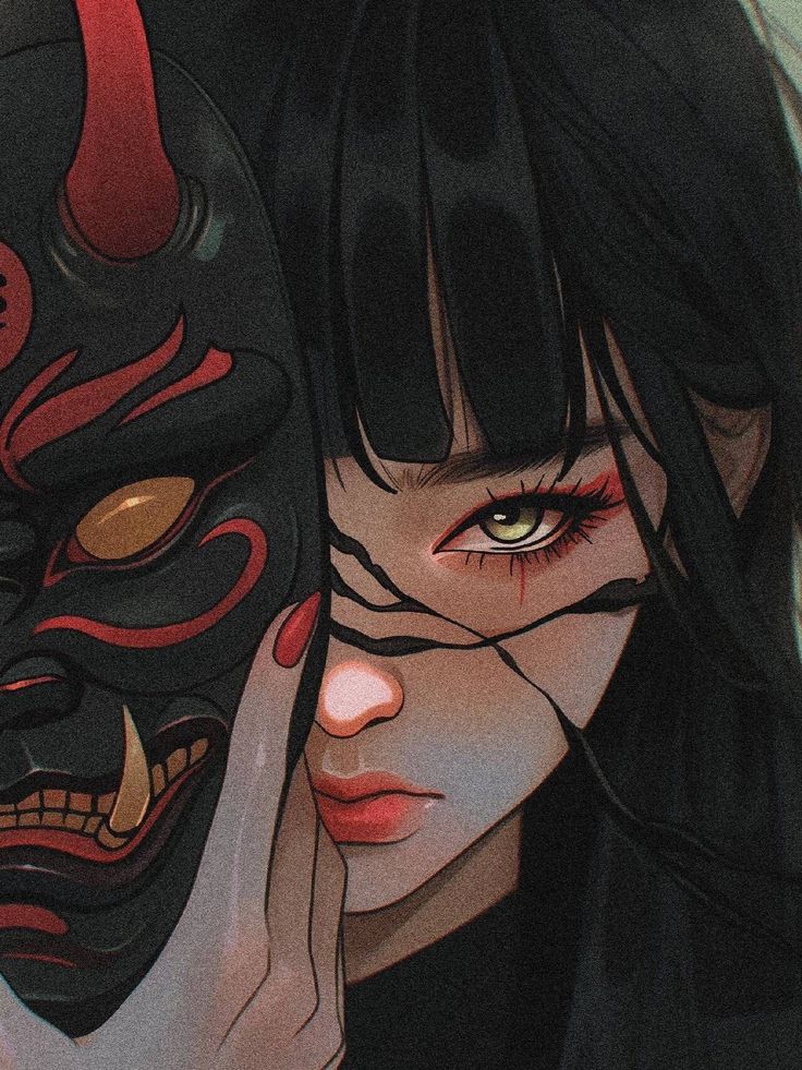 Mysterious woman holding a demon mask with intricate red and black design, emphasizing her piercing gaze.