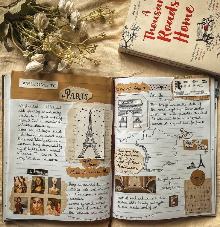 Travel journal spread showcasing Paris sights, including the Eiffel Tower and Arc de Triomphe, with flowers and a book nearby.