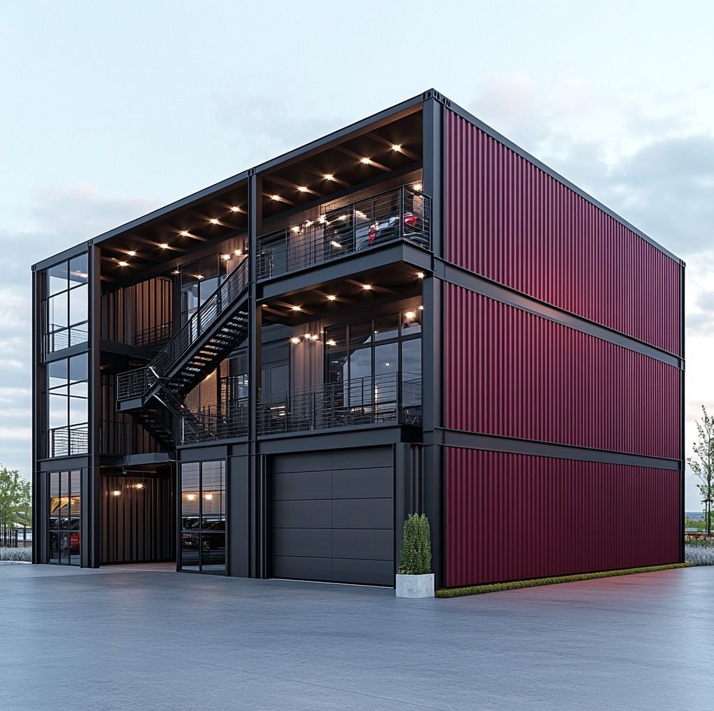 Modern red shipping container building with large windows and outdoor stairway at dusk.