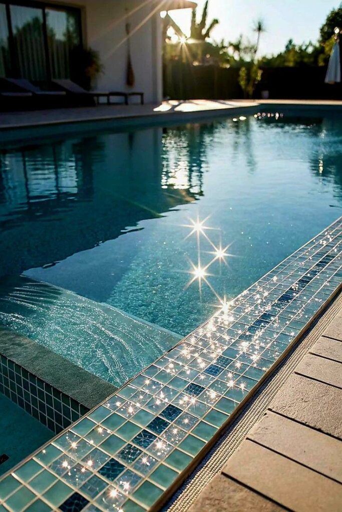 58eaa4fa-b398-4a6e-9b97-44da82867d2a Sparkling sunlight reflecting on a luxurious outdoor swimming pool's tile border with lush greenery in the background. | Sky Rye Design Sparkling sunlight reflecting on a luxurious outdoor swimming pool's tile border with lush greenery in the background.