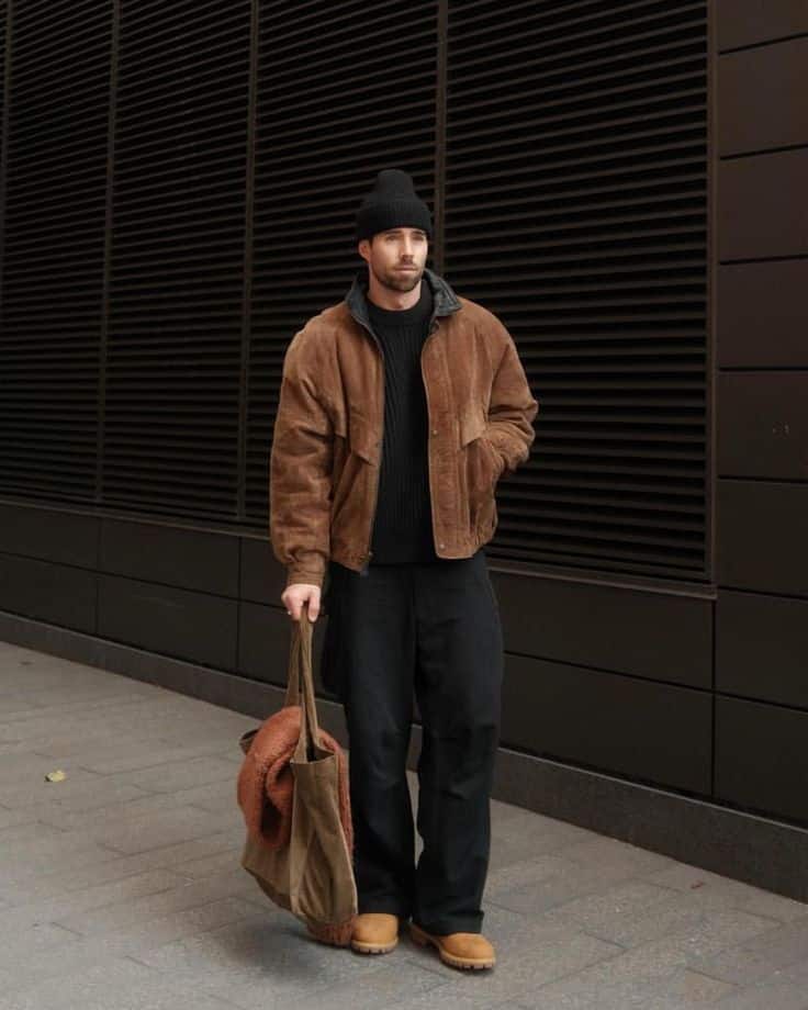 Man in brown jacket and black beanie stands with a tote bag against a modern building backdrop.