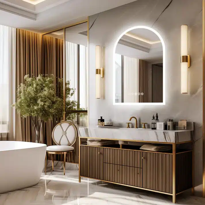 5_a3c44c7c-b5ac-4db3-95fb-99350b584626 Luxurious bathroom with modern vanity, illuminated mirror, and elegant decor featuring gold accents and a freestanding tub. | Sky Rye Design Luxurious bathroom with modern vanity, illuminated mirror, and elegant decor featuring gold accents and a freestanding tub.