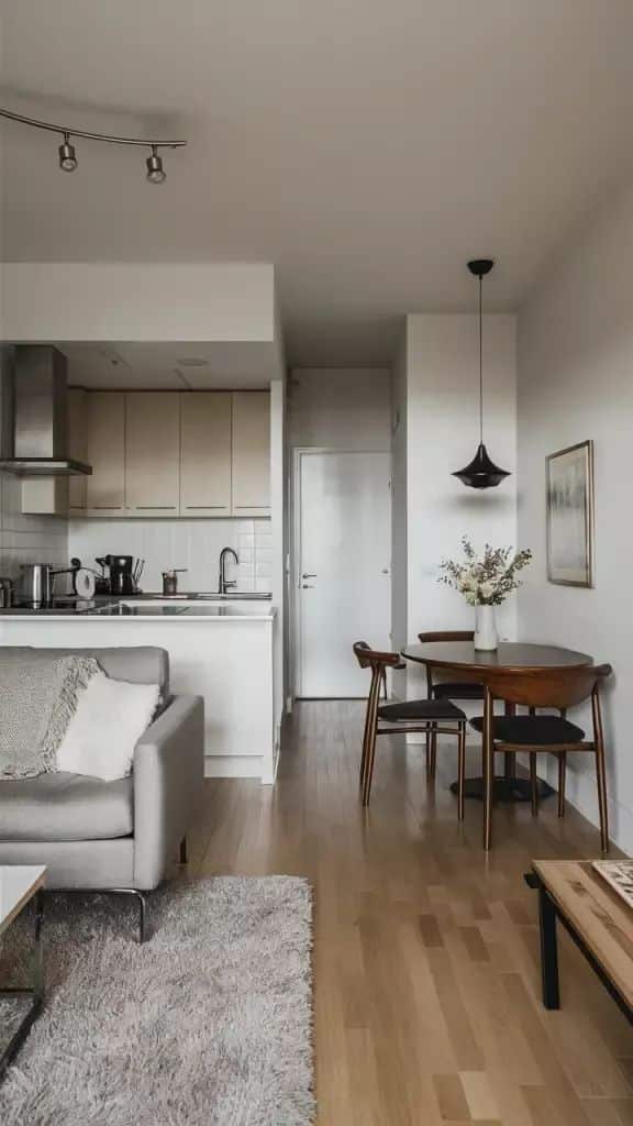 Modern open-plan living room and kitchen with sleek furniture and a cozy dining area.