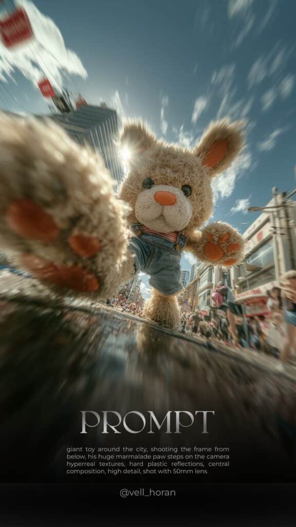 Cute teddy bear towering over city street, large paws reaching out, dynamic perspective, sunny day.