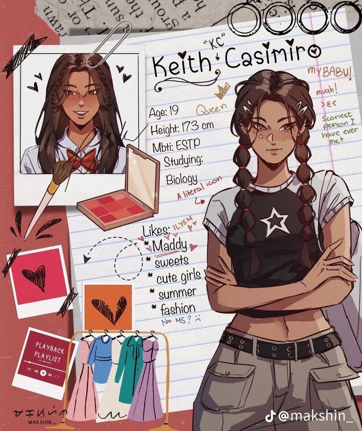 Illustration of an anime-style character profile with personal details, interests, and makeup items.