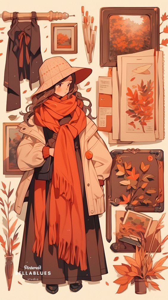Anime girl in autumn attire with orange coat and hat, surrounded by fall-themed art and leaves. Cozy fall vibe.
