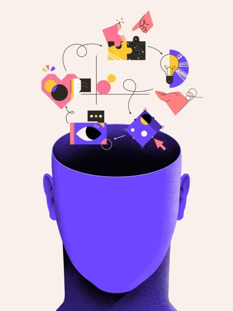 Abstract illustration of a faceless head with colorful creative ideas flowing above, symbolizing imagination and thought.