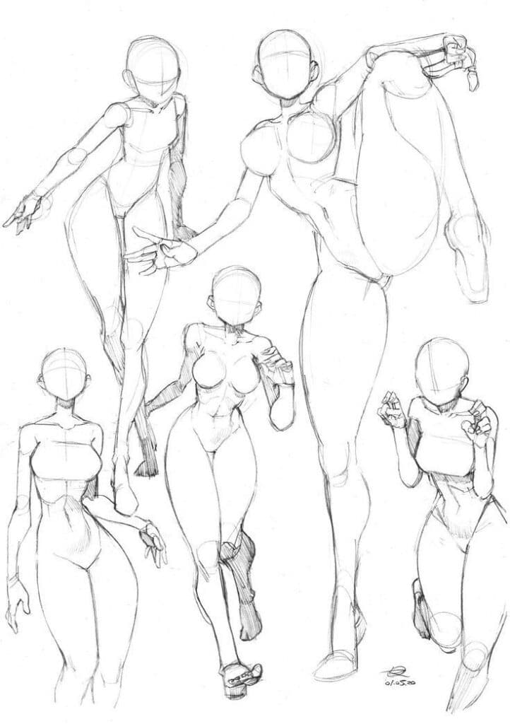 Dynamic sketch of five anime-style humanoid figures in various poses, focusing on anatomy and movement.