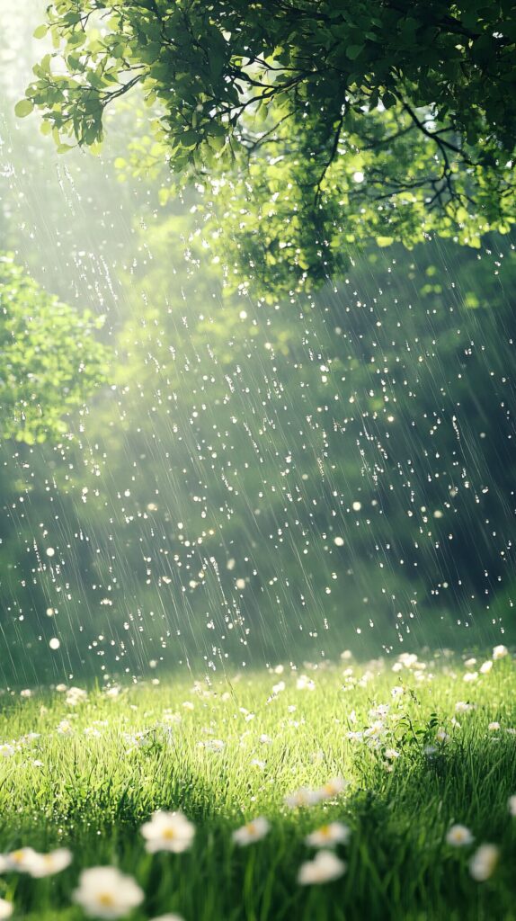 Rainfall over lush green meadow with white flowers and sunlight filtering through trees.