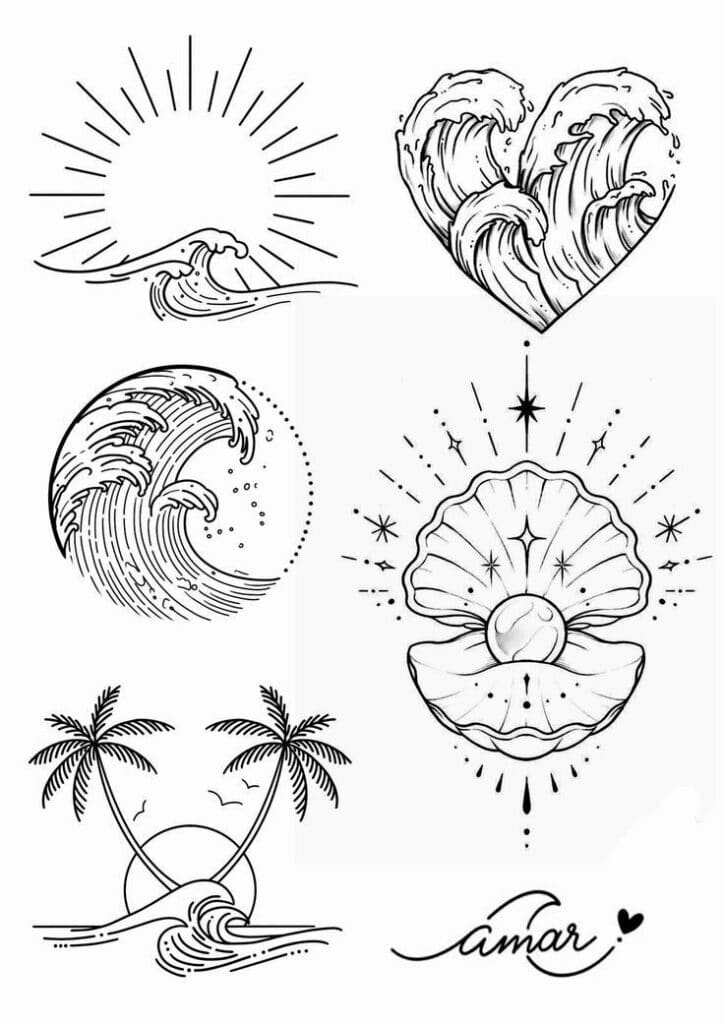 Ocean-inspired line art, including waves, heart, sun, pearl in shell, and palm trees. Minimalist black-and-white design.