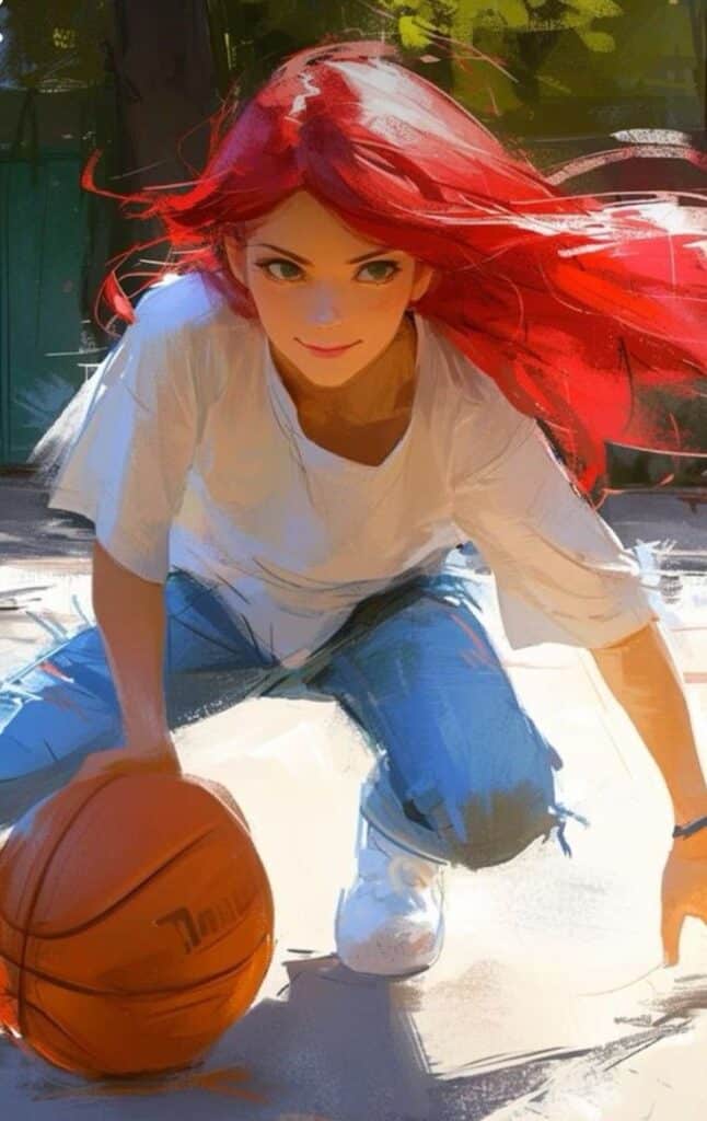 Anime-style girl with red hair playing basketball outdoors, wearing a white shirt and blue jeans.