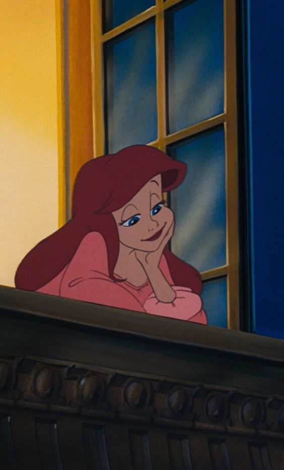 Animated character with red hair gazes dreamily from a balcony at night, wearing a pink outfit indoors.