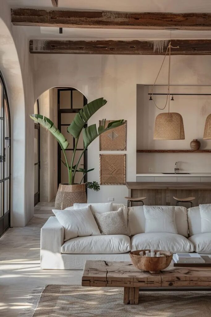 Stylish living room with white sofa, wooden table, indoor plant, and pendant lights in a modern, rustic design.