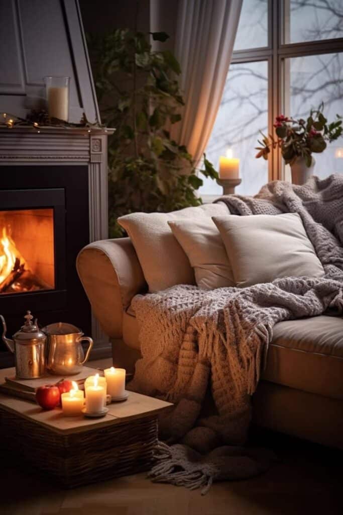 Cozy living room scene with sofa, knit blanket, candles, fireplace, and window view, creating a warm and inviting atmosphere.