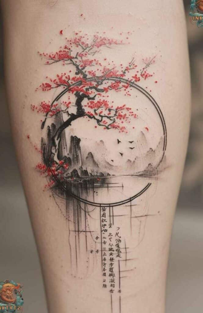Stylized tree and mountain tattoo with red leaves and calligraphy on a leg, blending nature with art.