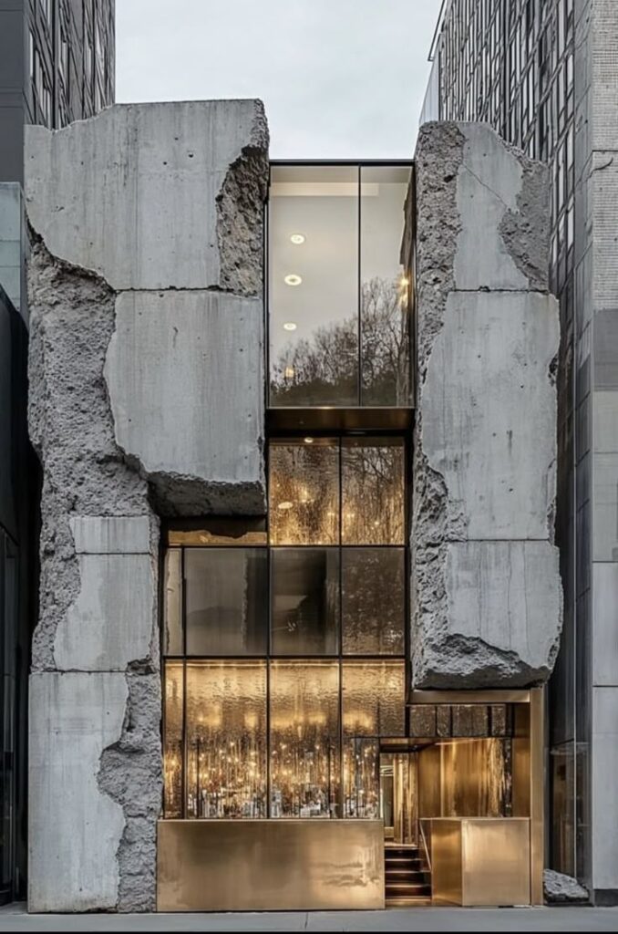Modern building facade with raw concrete and reflective glass elements.