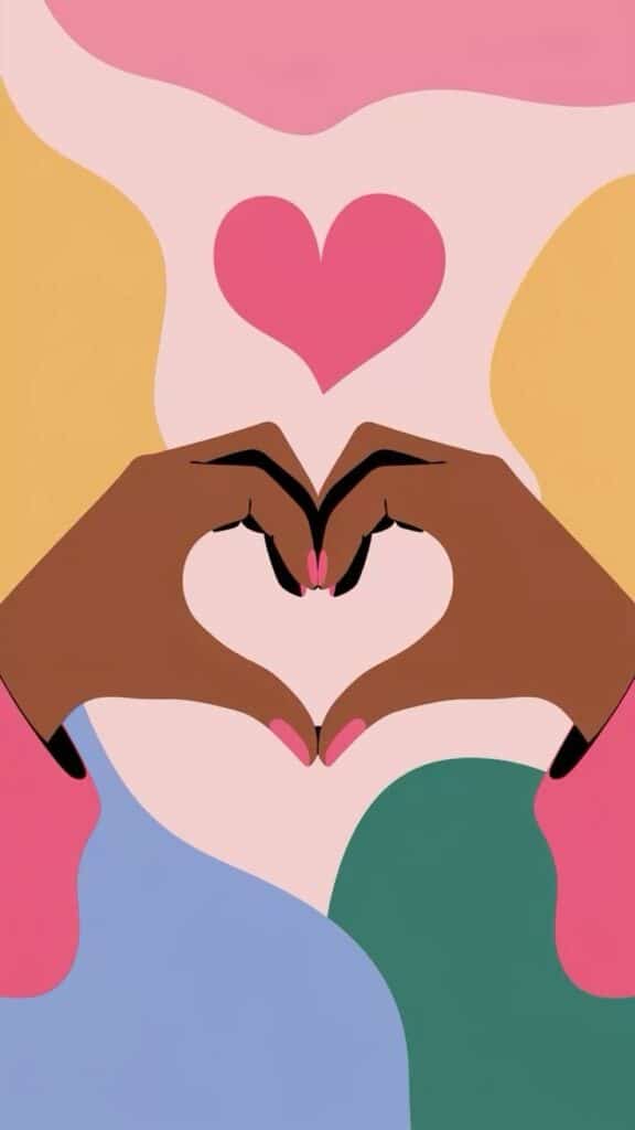 Illustration of hands forming a heart shape with colorful abstract background and a pink heart above.