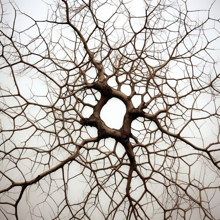 Intricate network of bare tree branches against the sky, resembling interconnected organic patterns.