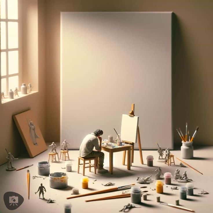 Artist at a cluttered studio desk with paints and miniatures, pondering next creation on a blank canvas.