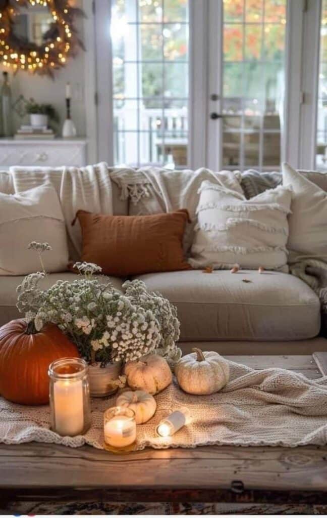 Cozy autumn living room with pumpkins, candles, and cushions on a sofa, creating a warm and inviting atmosphere.