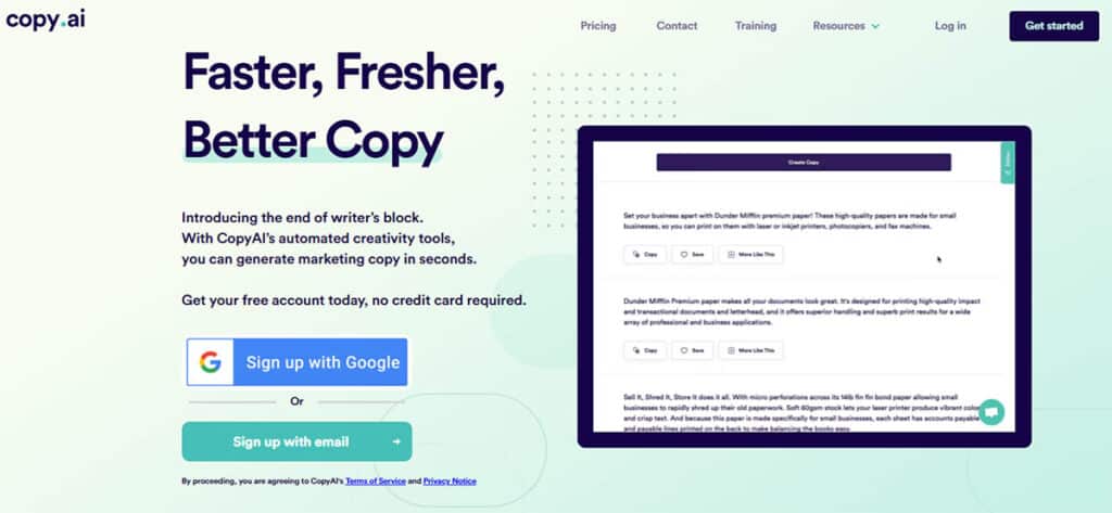 Copy.ai homepage promoting AI-powered marketing copy generation. Sign up options include Google and email.