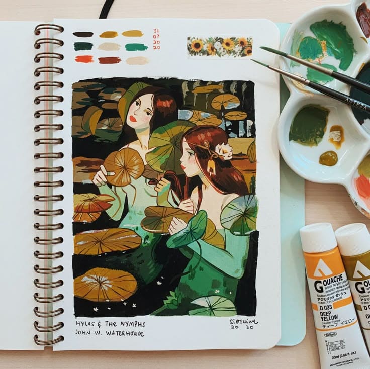 Artwork of nymphs in a sketchbook with paint palette and tubes. Inspired by Hylas and the Nymphs by John W. Waterhouse.