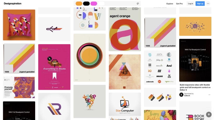 Collage of colorful, modern graphic designs featuring abstract shapes, typography, and vibrant geometric patterns.