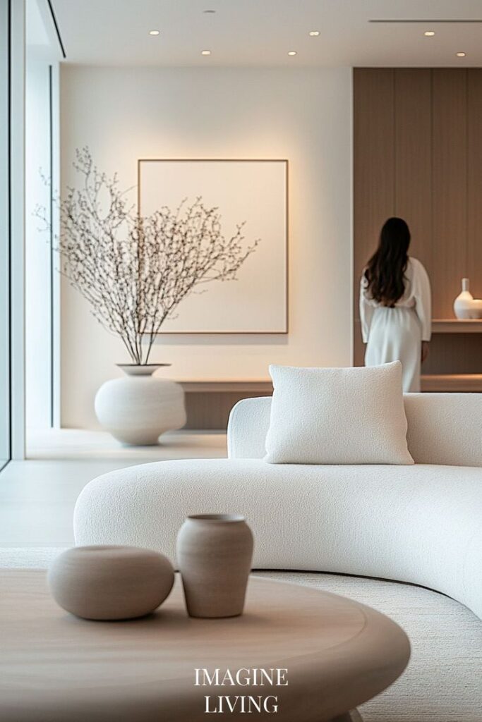 Modern minimalist living room with white furniture, ceramic decor, and large plant arrangement.