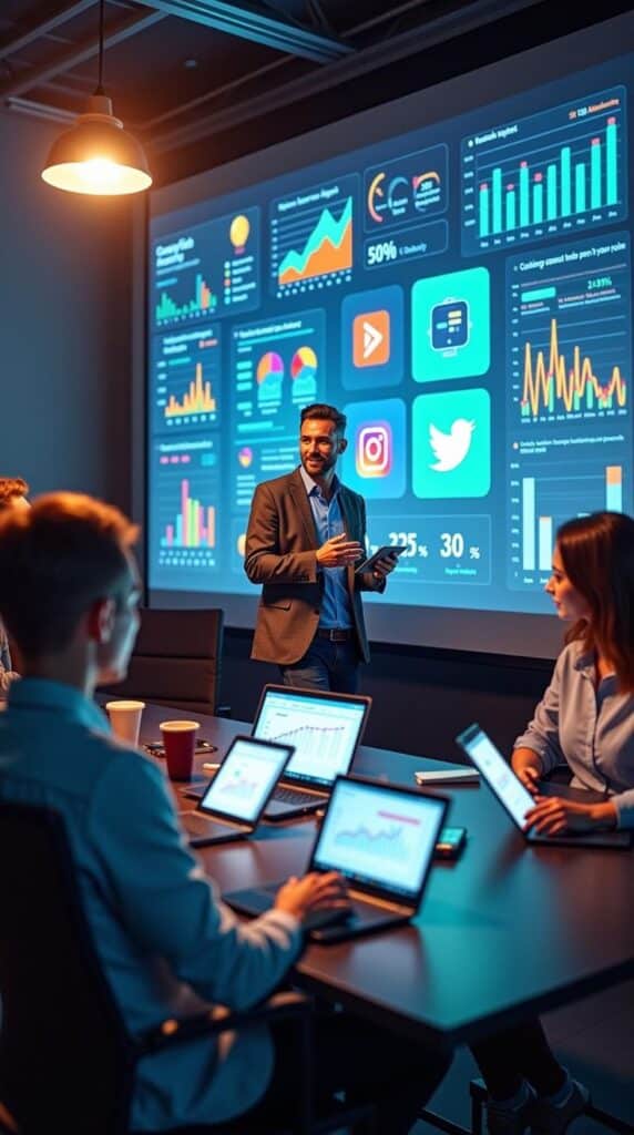 66e43fe4-6e09-43c0-ac2a-10735568b0e6 Business presentation with graphs on screen, team using laptops in meeting room, analyzing social media metrics. | Sky Rye Design Business presentation with graphs on screen, team using laptops in meeting room, analyzing social media metrics.