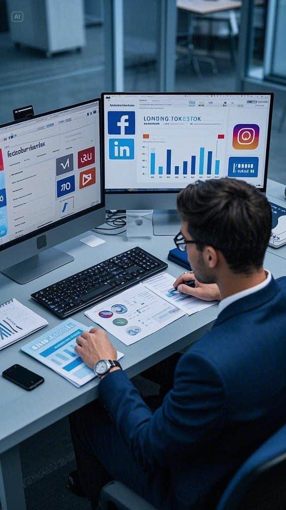Business professional analyzing social media metrics on dual monitors at desk, focused on growth charts and analytics.