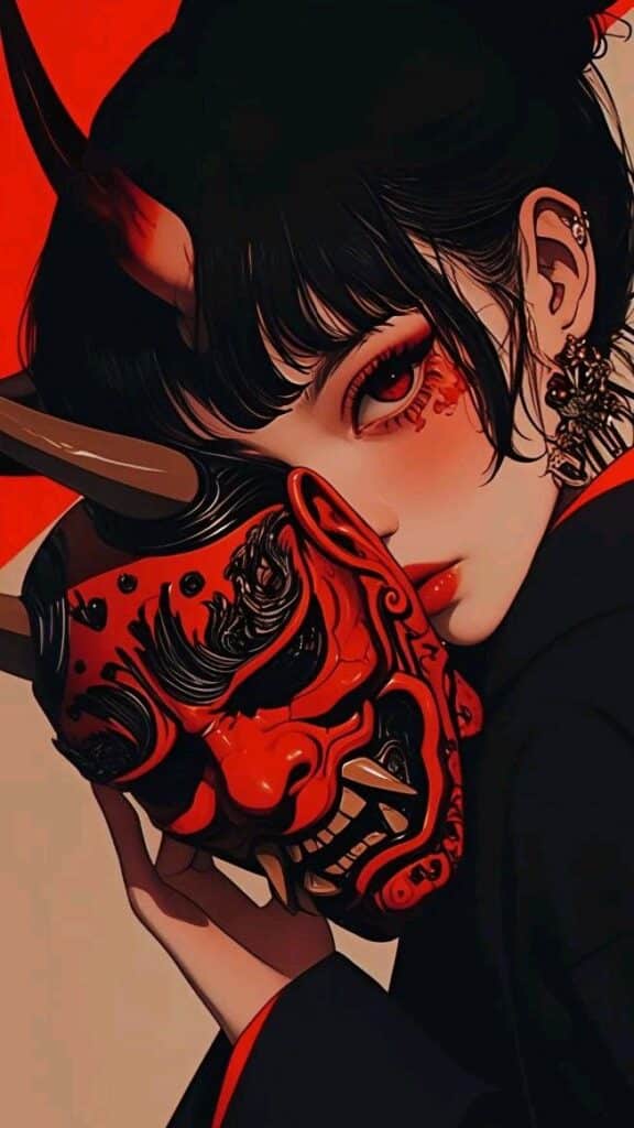 Mysterious woman with red Oni mask, black attire, and elaborate earrings against a bold red background.