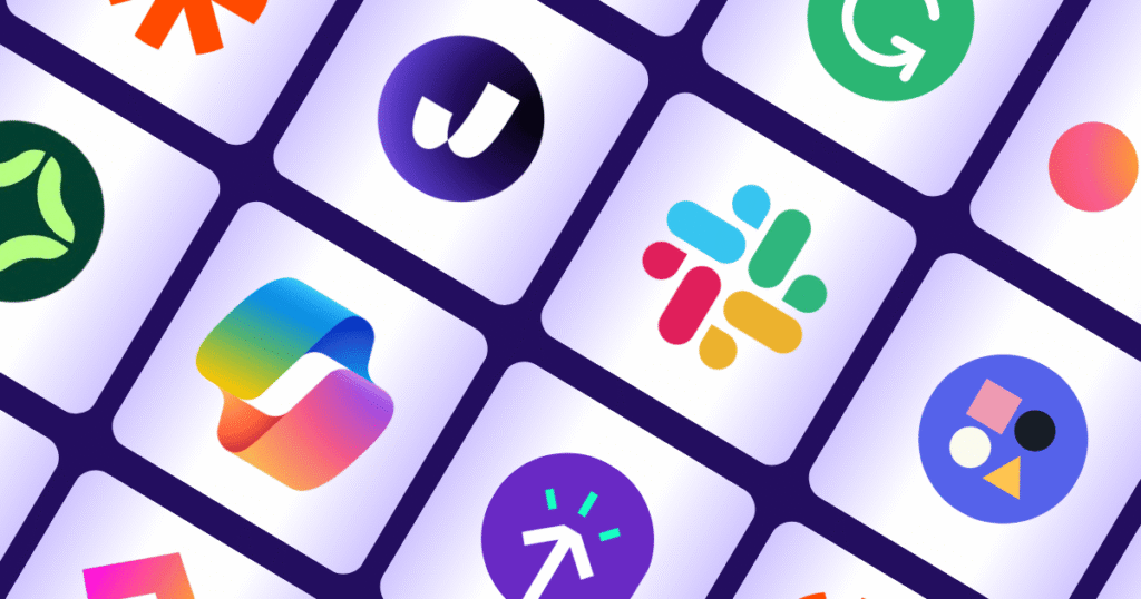 Collage of various colorful app icons on a digital grid background.