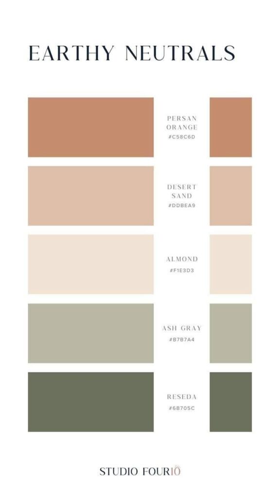 Earthy neutral color palette featuring Persan Orange, Desert Sand, Almond, Ash Gray, and Reseda shades.