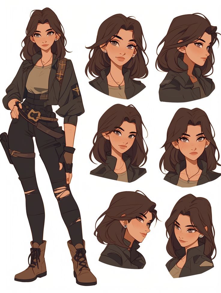 Character design featuring a stylish woman in casual attire with various facial expressions.