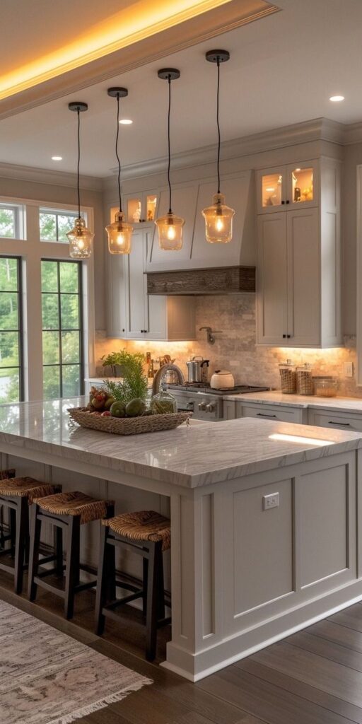 Modern kitchen with marble island, hanging lights, white cabinets, and stools, featuring a window view of greenery.