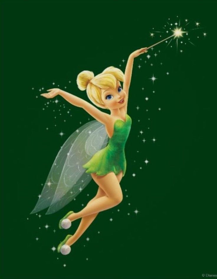 Fairy in green dress with wings, casting magic with a wand against a starry green background.