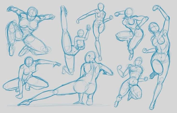 Dynamic figure drawing sketches with diverse action poses for artists and animators, showcasing anatomy and movement.