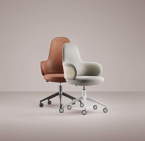 Stylish brown and gray office chairs on wheels, modern ergonomic design.