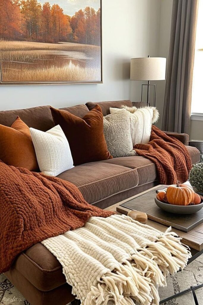 Cozy autumn-themed living room with brown sofa, warm throws, and decorative pumpkins.