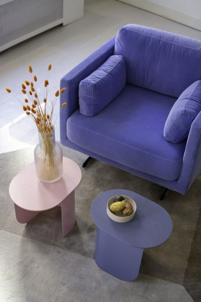 Purple armchair with modern pink and blue side tables, a vase of dried flowers, and a bowl of fruit. Cozy interior decor.